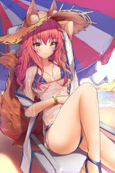 Rule 34 | 1girl, animal ear fluff, animal ears, arm up, bad id, bad pixiv id, beach chair, beach umbrella, bikini, blue bikini, bracelet, breasts, brown eyes, closed mouth, collarbone, commentary request, day, dduck kong, fate/grand order, fate (series), fox ears, fox tail, hat, highres, jewelry, lips, long hair, looking at viewer, medium breasts, outdoors, pink hair, see-through, shiny skin, shirt, sidelocks, sitting, solo, straw hat, sun hat, swimsuit, t-shirt, tail, tamamo (fate), tamamo no mae (fate/extra), tamamo no mae (swimsuit lancer) (fate), tamamo no mae (swimsuit lancer) (second ascension) (fate), umbrella, water