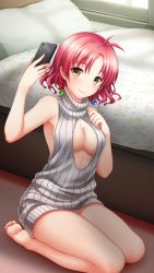 Rule 34 | 1girl, antenna hair, barefoot, bed, bedroom, braid, breasts, brown eyes, cellphone, cleavage, cleavage cutout, closed mouth, clothing cutout, doukyuusei another world, dress, full body, game cg, grey sweater, hair between eyes, hair ornament, holding, holding phone, indoors, kakyuusei 2, kneeling, medium breasts, meme attire, mole, mole under mouth, official art, panties, pantyshot, phone, pillow, red hair, ribbed sweater, selfie, shiny skin, short dress, short hair, smartphone, smile, soles, solo, sweater, sweater dress, turtleneck, turtleneck sweater, twin braids, underwear, vest, virgin killer sweater, wakai misaki, white panties