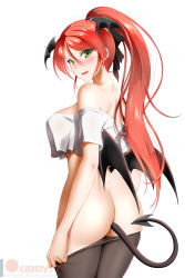 Rule 34 | 1girl, :d, anal tail, ass, black pantyhose, black wings, blush, breasts, clothes pull, cowboy shot, crop top, fake tail, fang, floating hair, from behind, green eyes, hair between eyes, head wings, high ponytail, highres, kimmy77, long hair, looking at viewer, looking back, medium breasts, off-shoulder shirt, off shoulder, open mouth, pantyhose, pantyhose pull, pyrrha nikos, red hair, rwby, see-through, shirt, shoulder blades, simple background, smile, solo, standing, tail, very long hair, watermark, white background, wings