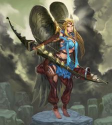 Rule 34 | 1girl, angel, angel wings, armor, arrow (projectile), barefoot, blonde hair, bow (weapon), braid, breasts, cloud, cloudy sky, elsevilla, eyelashes, feather hair, feather hair ornament, feathered wings, feathers, forehead jewel, french braid, greaves, hair ornament, large breasts, lips, long hair, nail polish, nose, original, quiver, sky, solo, toenail polish, toenails, underboob, vambraces, weapon, wings, yellow eyes