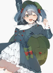 Rule 34 | 1girl, arm up, backpack, bag, blue dress, blue eyes, blue hair, blush, cowboy shot, dress, earpiece, flat cap, green hat, hair bobbles, hair ornament, hat, higa (gominami), highres, kawashiro nitori, looking at viewer, medium hair, one eye closed, open mouth, petticoat, simple background, smile, solo, touhou, two side up, white background