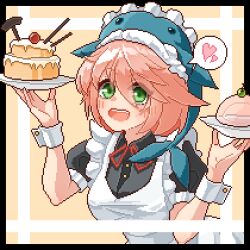 Rule 34 | 1girl, :d, alternate costume, black border, border, breasts, cake, commentary, eaglov, food, green eyes, looking at viewer, maid, medium breasts, okunoda miyoi, open mouth, pink hair, pixel art, short hair, smile, touhou, upper body, whale hat, wrist cuffs, yellow background