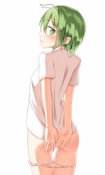 Rule 34 | 1girl, antennae, back, bad id, bad twitter id, blush, bottomless, covering privates, covering ass, from behind, green eyes, green hair, looking at viewer, looking back, matching hair/eyes, panties, panty pull, pspmaru, shirt, short hair, short sleeves, simple background, solo, touhou, underwear, white background, white panties, wriggle nightbug