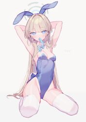 Rule 34 | 1girl, absurdres, animal ears, armpits, arms behind head, arms up, blonde hair, blue archive, blue bow, blue bowtie, blue eyes, blue leotard, blunt bangs, bow, bowtie, breasts, cleavage, collar, detached collar, earpiece, fake animal ears, full body, groin, hair intakes, halo, highleg, highleg leotard, highres, leotard, long hair, looking at viewer, mechanical halo, medium breasts, mouth hold, playboy bunny, rabbit tail, ribbon, ribbon in mouth, simple background, sitting, skindentation, solo, tail, thighhighs, thighs, toki (blue archive), toki (bunny) (blue archive), tomo (ryo i so ), very long hair, wariza, white background, white collar, white thighhighs