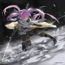 Rule 34 | 1girl, anchor symbol, black ribbon, braid, cable, colored inner hair, cosplay, fighting stance, french braid, from software, hair ribbon, highres, holding, holding sword, holding weapon, hololive, japanese clothes, long hair, maid headdress, minato aqua, multicolored hair, ninja, ninjatou, pink eyes, pink hair, pnakoticat, prosthesis, prosthetic arm, ribbon, scarf, sekiro, sekiro: shadows die twice, sekiro (cosplay), short sword, solo, sword, twintails, very long hair, virtual youtuber, weapon