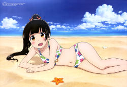 Rule 34 | 10s, 1girl, :d, absurdres, amayadori machi, beach, bikini, black hair, blush, brown eyes, cloud, day, flat chest, floral print, front-tie top, highres, ishikawa taketomo, kumamiko, legs, long hair, lying, magazine scan, megami magazine, navel, non-web source, ocean, official art, on side, open mouth, outdoors, ponytail, scan, sky, smile, solo, starfish, swimsuit, water