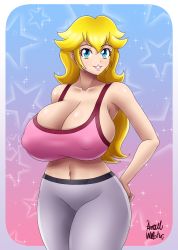 Rule 34 | 1girl, absurdres, azraelwebster, bare shoulders, blonde hair, blue eyes, breasts, cleavage, curvy, highres, huge breasts, long hair, looking at viewer, mario (series), navel, nintendo, parted lips, princess peach, smile, solo, standing, super mario bros. 1, tagme, thick thighs, thighs