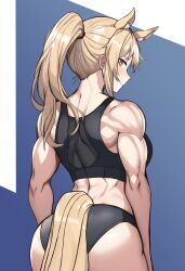 Rule 34 | 1girl, absurdres, animal ear fluff, animal ears, arknights, ass, black sports bra, blonde hair, breasts, from behind, highres, horse ears, horse girl, horse tail, large breasts, long hair, looking at viewer, muscular, muscular female, myown, nearl (arknights), ponytail, solo, sports bra, tail, yellow eyes