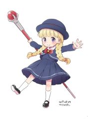 Rule 34 | 1girl, black footwear, blonde hair, blue hat, blue jacket, blue shirt, blue skirt, blush, bow, braid, closed mouth, dated, dragon quest, dragon quest xi, full body, hat, holding, holding staff, jacket, kanya pyi, kneehighs, long hair, low twintails, outstretched arms, pleated skirt, red bow, school uniform, shirt, shoe soles, shoes, simple background, skirt, smile, socks, solo, spread arms, staff, twin braids, twintails, veronica (dq11), very long hair, white background, white socks