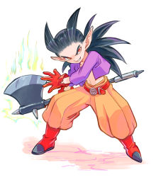 Rule 34 | 1boy, axe, black hair, dragon quest, dragon quest builders 2, fighting stance, full body, gloves, grin, holding, holding weapon, legs apart, long hair, looking at viewer, male focus, orange pants, pants, pointy ears, ponytail, purple shirt, red eyes, red footwear, red gloves, shirt, shoes, sidoh (dqb2), simple background, smile, solo, spiked hair, standing, weapon, white background, yuza