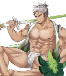 Rule 34 | 1boy, abs, bad id, bad twitter id, bare arms, bare legs, bulge, chest hair, closed mouth, collarbone, creatures (company), facial hair, fundoshi, game freak, gen 8 pokemon, grey hair, highres, holding, holding weapon, japanese clothes, knees apart feet together, leg hair, male focus, male underwear, muscular, nintendo, nipples, over shoulder, pectorals, personification, pokemon, shield, sideburns, simple background, sirfetch&#039;d, sitting, smile, solo, spread legs, spring onion, stubble, underwear, veins, weapon, weapon over shoulder, white background, white male underwear