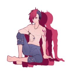 Rule 34 | 1bitheart, 1boy, arm tattoo, black hair, blue pants, bracelet, full body, headphones, jewelry, kujoh ryuuri, male focus, miwasiba, mohawk, muscular, muscular male, necklace, official art, pants, red hair, ring, solo, tattoo, topless male, torn clothes, torn pants, transparent background, yellow eyes