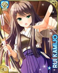 Rule 34 | 1girl, :o, black hair, blush, bow (weapon), breasts, card (medium), character name, female focus, girlfriend (kari), green eyes, indoors, japanese clothes, kamijo rui, kimono, long hair, official art, open mouth, pointing, pointing at viewer, qp:flapper, solo, standing, sunset, tagme, v-shaped eyebrows, weapon