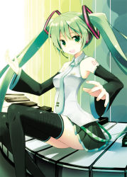 Rule 34 | 1girl, bare shoulders, black thighhighs, detached sleeves, female focus, gradient background, green eyes, green hair, hatsune miku, headset, instrument, long hair, matching hair/eyes, necktie, open mouth, piano, renee, sitting, smile, solo, thighhighs, twintails, very long hair, vocaloid, zettai ryouiki