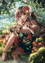 Rule 34 | 1girl, absurdres, ahoge, apple, bare shoulders, barefoot, basket, blurry, blurry foreground, brown hair, brown rose, collarbone, commentary request, copyright request, crying, crying with eyes open, day, depth of field, dress, extra mouth, fangs, fingernails, fins, flower, food, fruit, grapes, grass, green apple, green dress, green eyes, green nails, hair flower, hair ornament, head fins, highres, holding, holding food, huge filesize, knee up, long fingernails, long hair, looking at viewer, menna (0012), nail polish, off-shoulder dress, off shoulder, open mouth, orange (fruit), outdoors, pear, pink flower, red apple, red flower, red rose, river, rose, saliva, scales, see-through, sharp teeth, sitting, slit pupils, solo, tears, teeth, tree, twintails, very long hair, water, waterfall, watermelon, wet