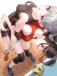 Rule 34 | 2girls, :d, :o, assisted stretching, back-to-back, ball, black hair, blush, breasts, brown eyes, elbow pads, grey hair, highres, indoors, kfr, knee pads, knees together feet apart, large breasts, lifting person, locked arms, long hair, looking at viewer, multiple girls, open mouth, original, purple eyes, shirt, shoes, short shorts, shorts, sleeveless, sleeveless shirt, smile, sneakers, sportswear, standing, stretching, volleyball (object), volleyball uniform, yellow eyes