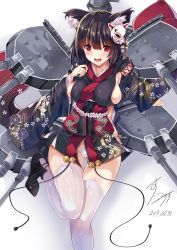 Rule 34 | 1girl, animal ears, azur lane, black hair, blush, breasts, dated, fang, fox mask, highres, japanese clothes, large breasts, looking at viewer, mask, mask on head, open clothes, panties, red eyes, short hair, signature, smile, solo, standing, standing on one leg, sumisuzu, thighhighs, underwear, white panties, white thighhighs, wide sleeves, yamashiro (azur lane)