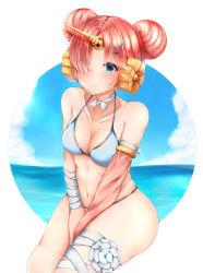 Rule 34 | 1girl, absurdres, bandaged arm, bandages, bikini, blue bikini, blue eyes, blush, breasts, cleavage, detached sleeves, double bun, eyes visible through hair, fate/apocrypha, fate/grand order, fate (series), frankenstein&#039;s monster (fate), frankenstein&#039;s monster (swimsuit saber) (fate), frankenstein&#039;s monster (swimsuit saber) (second ascension) (fate), hair bun, hair ornament, hair over one eye, hairclip, head tilt, heterochromia, highres, horns, leg ribbon, looking at viewer, medium breasts, noa yj, ocean, parted bangs, pink hair, ribbon, short hair, single detached sleeve, single horn, sitting, smile, solo, swimsuit, thigh ribbon, white background, yellow eyes