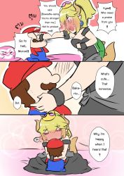Rule 34 | 1girl, armlet, bed, black collar, black dress, blonde hair, blue eyes, blush, bowsette, bracelet, character doll, collar, comic, crown, dress, earrings, english text, engrish text, face punch, facial hair, heart, horns, hug, in the face, indoors, jewelry, mario, mario (series), mustache, new super mario bros. u deluxe, nintendo, hugging object, pillow, pointy ears, ponytail, punching, ranguage, sesield, sharp teeth, spiked tail, strapless, strapless dress, stuffed toy, super crown, tail, teeth, thai text, translation request, tsundere, turtle shell, yes, yes-no pillow