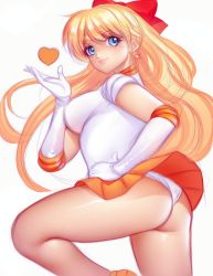 Rule 34 | 1girl, absurdres, aino minako, ass, bishoujo senshi sailor moon, blonde hair, blue eyes, bow, breasts, choker, closed mouth, clothes lift, earrings, feet out of frame, frilled skirt, frills, gloves, hair ornament, hand on own hip, hand up, heart, high heels, highres, jewelry, juan romero, leotard, lips, long hair, looking back, magical girl, orange choker, orange skirt, red bow, sailor senshi uniform, sailor venus, sideboob, simple background, skirt, skirt lift, solo, standing, standing on one leg, star (symbol), star earrings, thighs, unfinished, white background, white gloves