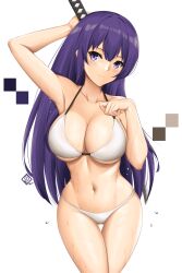 Rule 34 | 1girl, arcie albano, arm up, armpits, bikini, breasts, cleavage, closed mouth, collarbone, commentary, english commentary, highres, holding, holding sword, holding weapon, katana, large breasts, long hair, looking at viewer, navel, original, purple eyes, purple hair, simple background, smile, solo, swimsuit, sword, thigh gap, weapon, wet, white background, white bikini