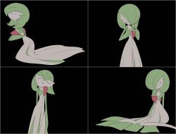 Rule 34 | 1girl, black background, bob cut, border, closed eyes, colored skin, cowboy shot, creatures (company), female focus, flat chest, flat color, from side, full body, game freak, gardevoir, gen 3 pokemon, green hair, green skin, hair between eyes, hair over one eye, hands up, kneeling, legs together, lotosu, multicolored skin, multiple views, nintendo, open mouth, pokemon, pokemon (creature), profile, short hair, simple background, sitting, standing, two-tone skin, wariza, white border, white skin