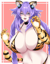 Rule 34 | 1girl, animal print, bikini, blue eyes, blush, braid, breasts, cleavage, fangs, highres, huge breasts, long hair, naughty face, navel, neptune (series), open mouth, purple hair, purple heart (neptunia), smile, swimsuit, tail, tiger print, tiger tail, twin braids, very long hair, wide hips