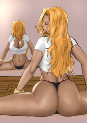 Rule 34 | 1girl, absurdres, ass, bleach, breasts, dark skin, highres, huge ass, huge breasts, iwao178, long hair, matsumoto rangiku, mirror, orange hair, thong, wide hips