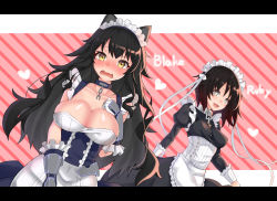 Rule 34 | + +, 2girls, :d, alternate costume, animal ears, apron, ashisi, azur lane, bad id, bad pixiv id, bare shoulders, belfast (azur lane), belfast (azur lane) (cosplay), black dress, black hair, blake belladonna, blue dress, blush, breasts, broken, broken chain, cat ears, chain, cleavage, collar, corset, cosplay, diagonal stripes, dress, dutch angle, elbow gloves, enmaided, frilled gloves, frilled sleeves, frills, gloves, grey eyes, hand on own chest, heart, highres, juliet sleeves, large breasts, letterboxed, long hair, long sleeves, looking at viewer, maid, maid headdress, medium breasts, multiple girls, open mouth, pink background, puffy sleeves, ruby rose, rwby, sheffield (azur lane), sheffield (azur lane) (cosplay), short hair, sleeve cuffs, sleeveless, smile, sparkling eyes, striped, striped background, very long hair, waist apron, white apron, yellow eyes