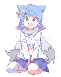 Rule 34 | 1girl, :d, animal ears, azur lane, between legs, blue hair, blue skirt, blush, commentary request, crop top, detached sleeves, fang, fubuki (azur lane), full body, grey scarf, hand between legs, highres, kneehighs, long sleeves, looking at viewer, midriff, navel, open mouth, orange eyes, pleated skirt, roku no hito, scarf, seiza, shirt, simple background, single kneehigh, single sock, single thighhigh, sitting, skirt, sleeveless, sleeveless shirt, smile, socks, solo, thighhighs, white background, white shirt, white sleeves, white socks, white thighhighs, wide sleeves