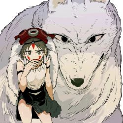 Rule 34 | 1girl, animal, arm strap, bare shoulders, black skirt, blood, blood on face, circlet, commentary, ddari, earrings, english commentary, facepaint, facing viewer, green eyes, green hair, hand up, highres, jewelry, looking at viewer, mononoke hime, moro (mononoke hime), moro no kimi, oversized animal, pelt, san (mononoke hime), short hair, simple background, skirt, solo, standing, white background, white wolf, wolf