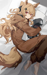 Rule 34 | 1girl, absurdres, animal ears, arknights, barefoot, bed sheet, brown hair, ceobe (arknights), closed mouth, dakimakura (object), doctor (arknights), dog ears, dog girl, dog tail, from above, hair ornament, hairclip, highres, hood, hood down, long hair, long sleeves, looking at viewer, looking up, luozhou pile, lying, hugging object, official alternate costume, on bed, on side, onesie, pillow, ponytail, red eyes, smile, solo, tail, very long hair