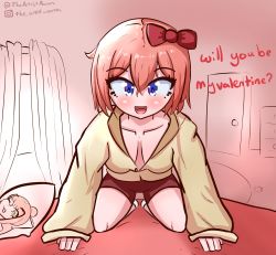 Rule 34 | 1girl, :d, all fours, artist name, bed, bed sheet, bedroom, blue eyes, blush, bow, breasts, casual, collarbone, curtains, doki doki literature club, door, dresser, english text, eyelashes, hair between eyes, hair bow, highres, indoors, instagram username, long sleeves, looking at viewer, medium breasts, monika (doki doki literature club), morning, no bra, on bed, open mouth, pajamas, pillow, pink background, pink hair, red bow, red shorts, sayori (doki doki literature club), sheet grab, shiny clothes, shiny skin, shirt, short hair, shorts, smile, socks, solo, theartistaurora, thighs, tongue, twitter username, valentine, window, yellow shirt