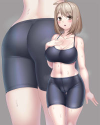 Rule 34 | 1girl, :o, ass, bare arms, bare shoulders, bike shorts, black shorts, black sports bra, blush, breasts, brown eyes, brown hair, chado maki, cleavage, collared shirt, cowboy shot, gluteal fold, hand on own chest, large breasts, multiple views, myouan, navel, open mouth, original, shirt, short hair, shorts, skindentation, sports bra, steaming body, stomach, sweat