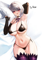 Rule 34 | 1girl, absurdres, arm behind head, arm up, armpits, artier&#039;s character, bare shoulders, bed sheet, bikini, black bikini, black choker, black gloves, bow, bowtie, breasts, choker, cleavage, collarbone, commission, covered erect nipples, elbow gloves, fingerless gloves, gloves, halterneck, hand up, highres, large breasts, looking at viewer, lying, mole, mole on breast, mole under eye, navel, on back, open mouth, original, pillow, pixiv commission, purple thighhighs, red eyes, semicolon9991, short hair, side-tie bikini bottom, skindentation, solo, stomach, string bikini, swimsuit, thigh gap, thighhighs, thighs, white hair