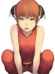 Rule 34 | 00s, 1girl, bare shoulders, blue eyes, brown hair, bun cover, china dress, chinese clothes, double bun, dress, flat chest, from below, fumio (rsqkr), gintama, kagura (gintama), solo, squatting