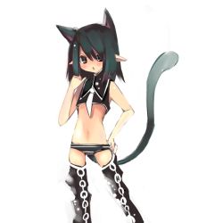 Rule 34 | 1girl, animal ears, cat ears, cat tail, extra ears, hand on own hip, kanikama, midriff, navel, panties, pointy ears, simple background, solo, striped clothes, striped panties, tail, thighhighs, triangle mouth, underwear, white background