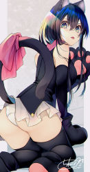 Rule 34 | 1girl, all fours, animal ear fluff, animal ears, animal hands, ass, bare shoulders, black footwear, black gloves, black shirt, black sleeves, black thighhighs, cat ears, cat girl, cat tail, chita (ketchup), closed mouth, detached sleeves, gloves, green eyes, hair between eyes, long sleeves, looking at viewer, looking back, original, panties, paw gloves, paw shoes, shirt, sleeveless, sleeveless shirt, solo, tail, thighhighs, tongue, tongue out, underwear, v-shaped eyebrows, white panties