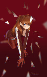 Rule 34 | 1girl, absurdres, alenx kevin, all fours, blue eyes, bodysuit, brown hair, closed mouth, collarbone, eyepatch, highres, jacket, long hair, long sleeves, neon genesis evangelion, open clothes, open jacket, plugsuit, rebuild of evangelion, red background, red bodysuit, red jacket, solo, souryuu asuka langley