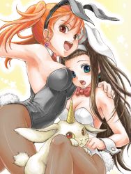 Rule 34 | animal ears, artist request, bare shoulders, black legwear, blush, bow, bowtie, breasts, rabbit ears, rabbit tail, cleavage, detached collar, dragon quest, dragon quest viii, earrings, fake animal ears, horned rabbit, jessica albert, jewelry, large breasts, long hair, medea, multiple girls, open mouth, orange hair, pantyhose, playboy bunny, sideboob, source request, tail, twintails, wrist cuffs