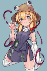 Rule 34 | 1girl, absurdres, animal print, blonde hair, blue background, blue eyes, brown headwear, closed mouth, commentary request, detached sleeves, frog print, full body, highres, looking at viewer, medium hair, moriya suwako, neritch, partial commentary, petite, purple skirt, purple vest, ringed eyes, shirt, sidelocks, simple background, skirt, smile, solo, thighhighs, touhou, turtleneck, vest, white shirt, white thighhighs