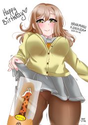 Rule 34 | 1girl, absurdres, artist name, artist request, blush, bow, bowtie, bread, bread bun, breasts, brown eyes, brown hair, buttons, cardigan, collarbone, eyebrows, female focus, food, grey sailor collar, grey skirt, hair between eyes, highres, holding, holding clothes, holding skirt, jokestar, kunikida hanamaru, layered skirt, light brown hair, long hair, long sleeves, looking at viewer, love live!, love live! sunshine!!, medium breasts, miniskirt, nail, nail polish, orange bow, parted lips, pink nails, plaid, plaid skirt, pleated, pleated skirt, sailor collar, school uniform, skirt, sleeves past wrists, smile, solo, sweater, uranohoshi school uniform, white background, yellow cardigan, yellow eyes, yellow sweater
