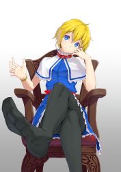Rule 34 | 1girl, absurdres, alice margatroid, belt, black pantyhose, blue dress, blush, capelet, chair, closed mouth, commentary request, cookie (touhou), crossed legs, dress, feet, foot out of frame, frilled dress, frills, hair between eyes, head tilt, highres, lace-trimmed capelet, lace trim, looking at viewer, no shoes, pantyhose, red belt, red neckwear, short hair, simple background, sitting, solo, sy4, touhou, watch, web (cookie), white background, white capelet, wristwatch