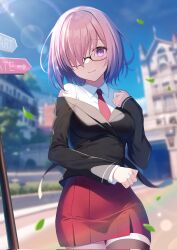Rule 34 | 1girl, black thighhighs, blurry, blurry background, blush, breasts, cowboy shot, fate/grand order, fate (series), glasses, hair over one eye, highres, jacket, large breasts, looking at viewer, mash kyrielight, miniskirt, mishiro (ixtlolton), necktie, outdoors, purple eyes, purple hair, red necktie, red skirt, shirt, short hair, skirt, smile, solo, thighhighs, white shirt, zettai ryouiki