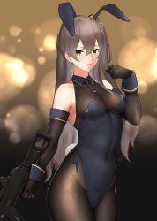 Rule 34 | 1girl, alternate breast size, alternate costume, animal ears, bare shoulders, black leotard, blurry, blurry background, blush, bow, bowtie, breasts, brown hair, cleavage, covered navel, cowboy shot, crossed bangs, detached collar, elbow gloves, fake animal ears, girls&#039; frontline, gloves, gun, h&amp;k ump, h&amp;k ump, hair between eyes, hair ornament, hand up, hayabusa, heckler &amp; koch, highres, holding, holding gun, holding weapon, leotard, long hair, looking at viewer, medium breasts, one side up, open mouth, pantyhose, playboy bunny, rabbit ears, rabbit tail, scar, scar across eye, scar on face, sidelocks, solo, submachine gun, tail, ump45 (girls&#039; frontline), weapon, wrist cuffs, yellow eyes
