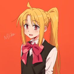 Rule 34 | 1girl, :d, ahoge, bad id, bad twitter id, blonde hair, bocchi the rock!, bow, bowtie, brown sweater vest, character name, collared shirt, highres, ijichi nijika, kerorira, long hair, looking at viewer, open mouth, orange background, red bow, red bowtie, red eyes, shirt, side ponytail, simple background, smile, solo, sweater vest, upper body, white shirt