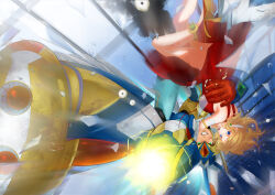 1boy 1girl absurdres alia_(mega_man) arm_cannon bare_shoulders blonde_hair blue_eyes breasts dress electricity falcon_armor_x_(mega_man) falling forehead_jewel green_eyes highres large_breasts lilinebaka medium_hair mega_man_(series) mega_man_x_(series) powering_up red_dress upside-down weapon x_(mega_man)