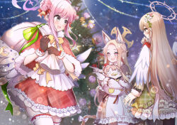 Rule 34 | 3girls, angel wings, animal ear fluff, animal ears, black gloves, black pantyhose, blonde hair, blue archive, blush, capelet, christmas, christmas tree, double bun, dress, feathered wings, flower, fox ears, gloves, hair bun, hair flower, hair ornament, halo, holding, holding sack, light brown hair, long hair, long sleeves, mashiro aa, mika (blue archive), multiple girls, nagisa (blue archive), open mouth, pantyhose, peroro (blue archive), pink flower, pink hair, pink halo, red capelet, red dress, sack, seia (blue archive), smile, thighhighs, white dress, white flower, white thighhighs, white wings, wings, yellow eyes, yellow halo