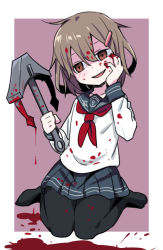 Rule 34 | 10s, 1girl, anchor, black pantyhose, blood, blood in hair, blood on clothes, blood on face, blood splatter, blue skirt, blush, brown hair, collarbone, empty eyes, fang, full body, hand on own cheek, hand on own face, head tilt, holding, ikazuchi (kancolle), kantai collection, long sleeves, no shoes, open mouth, outside border, pantyhose, pleated skirt, sailor collar, shaded face, shirt, sitting, skirt, smirk, solo, tonmoh, wariza, white shirt, yandere, yandere trance