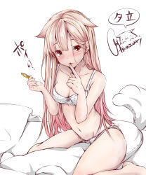 Rule 34 | 10s, 1girl, artist name, bare legs, bare shoulders, barefoot, bra, collarbone, finger to mouth, hair flaps, hair ornament, hairclip, kantai collection, lips, long hair, looking at viewer, on bed, pillow, pink hair, red eyes, rizzl, signature, solo, underwear, underwear only, unworn hair ornament, unworn hairclip, white background, white bra, yuudachi (kancolle), yuudachi kai ni (kancolle)